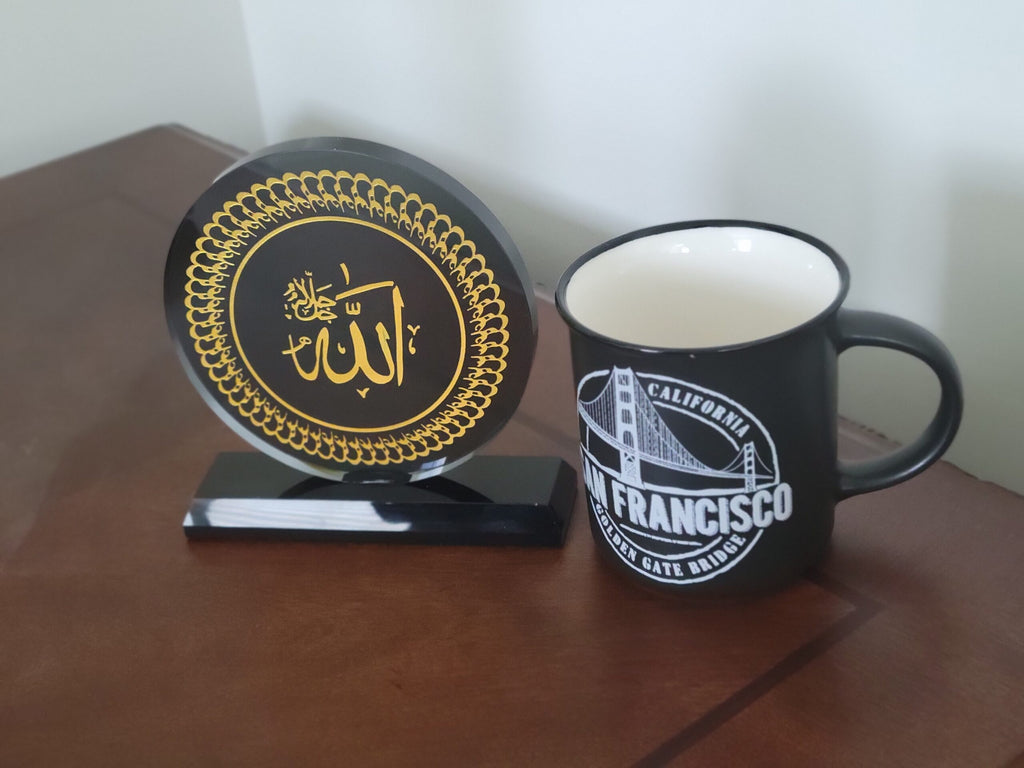 Allah Black Crystal Trophy in Blue Gift Box-Islamic Round Crystal