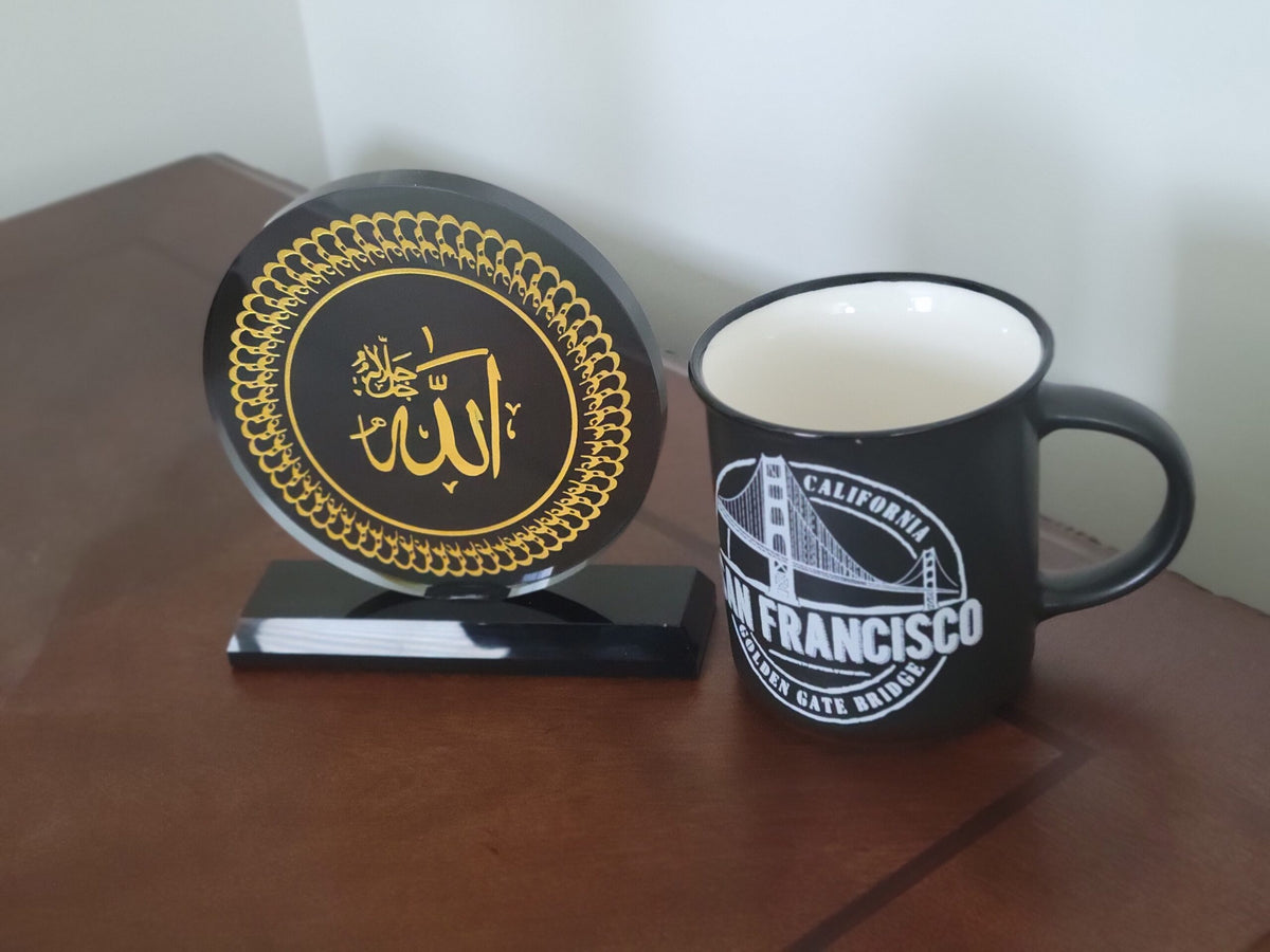 Allah Black Crystal Trophy in Blue Gift Box-Islamic Round Crystal
