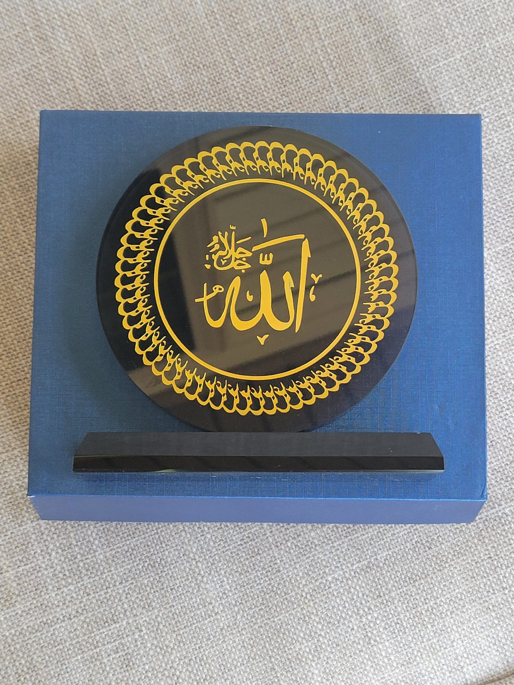 Allah Black Crystal Trophy in Blue Gift Box-Islamic Round Crystal