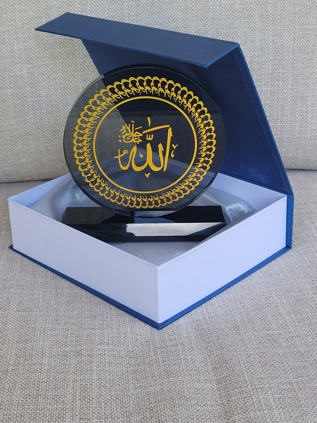 Allah Black Crystal Trophy in Blue Gift Box-Islamic Round Crystal