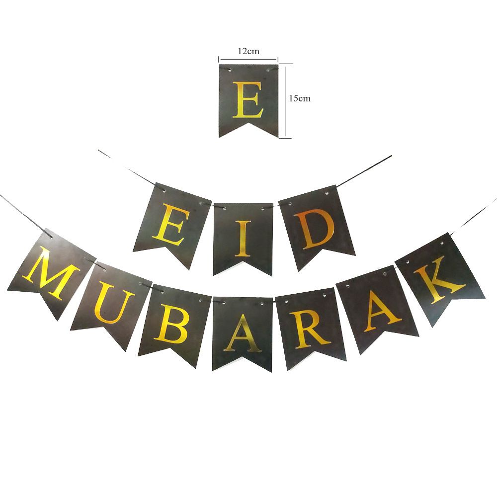 Eid Mubarak Letter Banner with Strings – Black and Gold Decoration