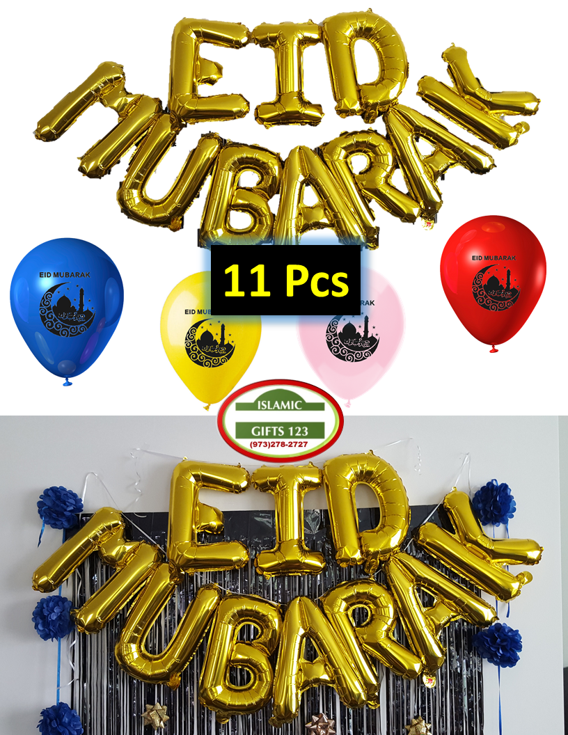 Eid Mubarak Decoration Pack – 11-Piece Set with Gold Letters & Balloons