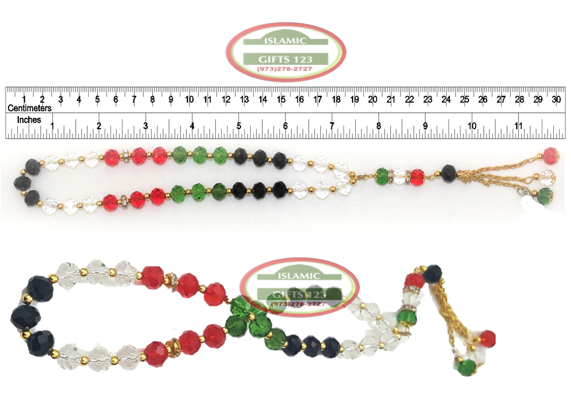 Palestinian Flag Crystal Misbaha - 33ct Large 10mm Prayer Beads