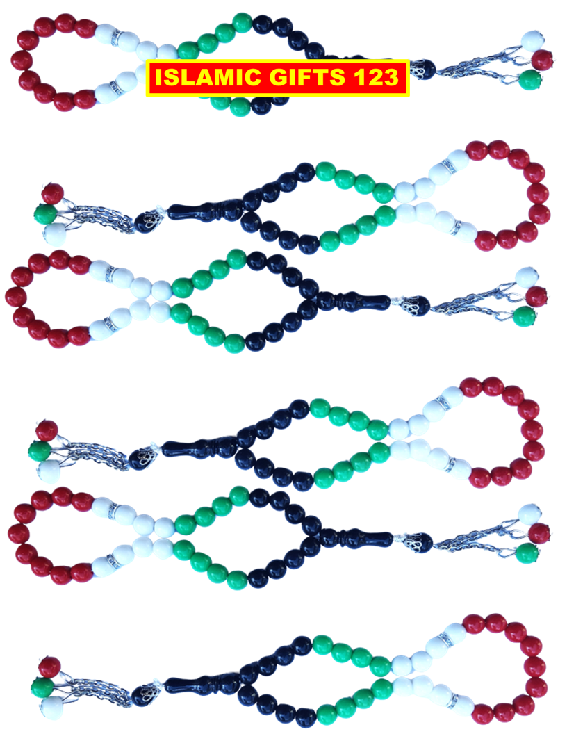Palestinian Flag Misbaha 33ct Prayer Beads 10mm Acrylic Beads