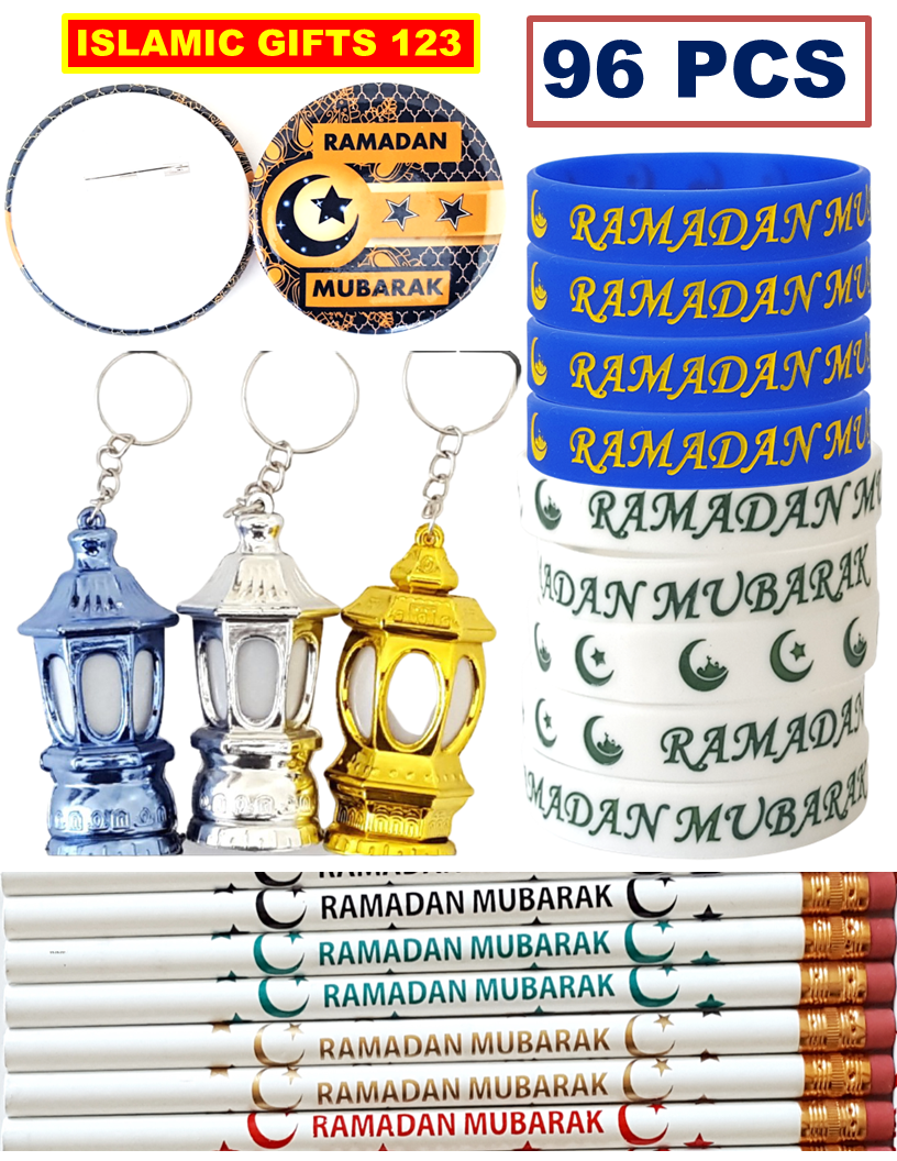 96 PCS Ramadan Favor Set: Lanterns, Pencils, Bands & Buttons for Celebrations