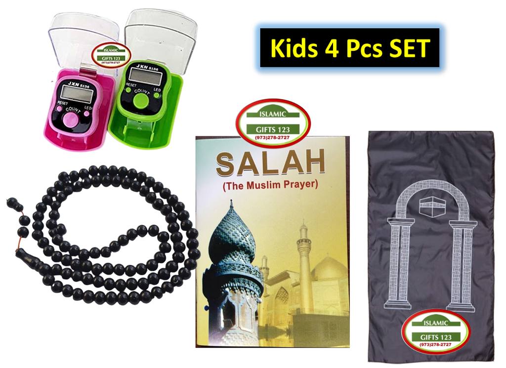 Kids Prayer Gift Sets (4PC) Digital counter+Book+Tasbeeh+Prayer Mat K4