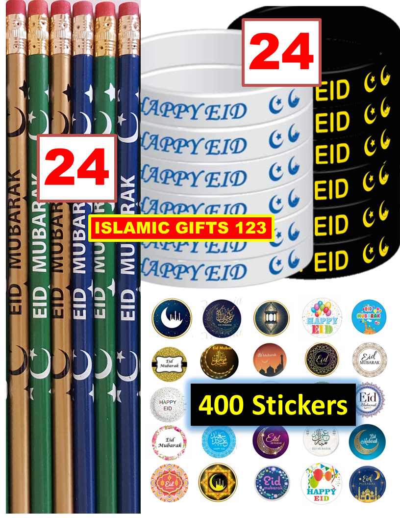 Eid Favors for Kids 448-Eid Mubarak Pencils Wristbands Stickers