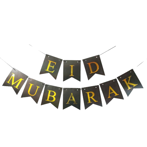 Eid Mubarak Letter Banner with Strings – Black and Gold Decoration
